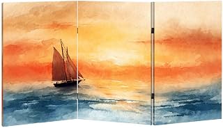 2 Ft Room Divider Screen Sailboat Sailing sea Sunset Texture Watercolor Paper Portable Short Canvas Folding Screen 3 Panel Freestanding Separator Privacy Partition Indoor Home Office