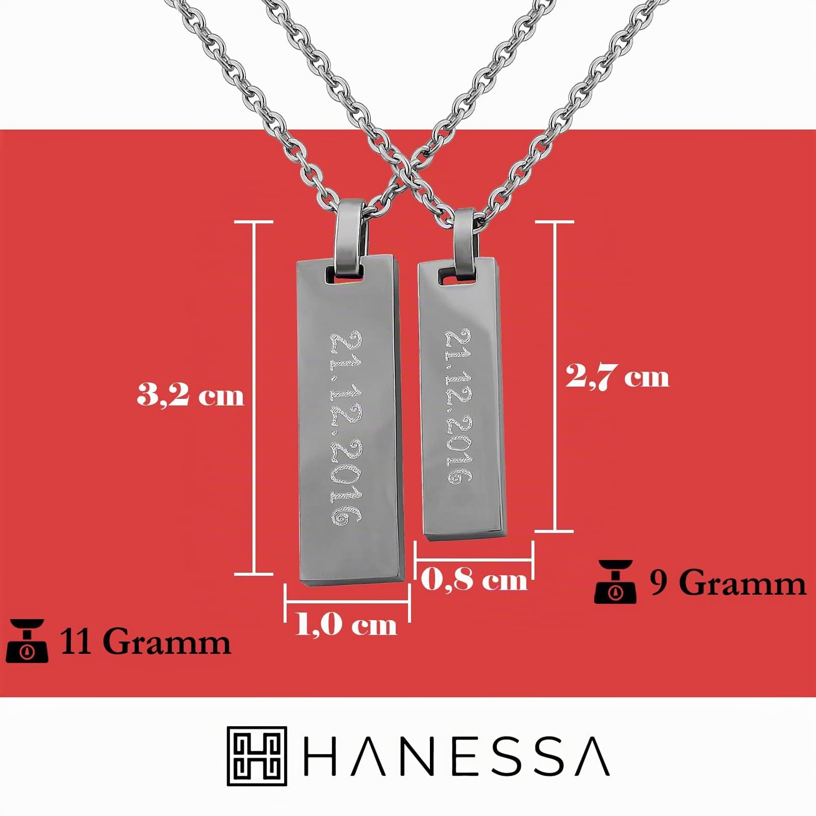 Personalisierte Kette mit Gravur Edelstahl 50 cm mit Anhänger Rechteck geriffelt in silber schwarz gold - Personalisierte Halskette für Frauen Männer - Personalisierter Schmuck Damen Herren