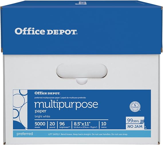 Office Depot Multi-Use Printer & Copy Paper, 10 Reams, White, Letter (8.5 x 11), 5000 Sheets Per Case, 20 Lb, 96 Brig