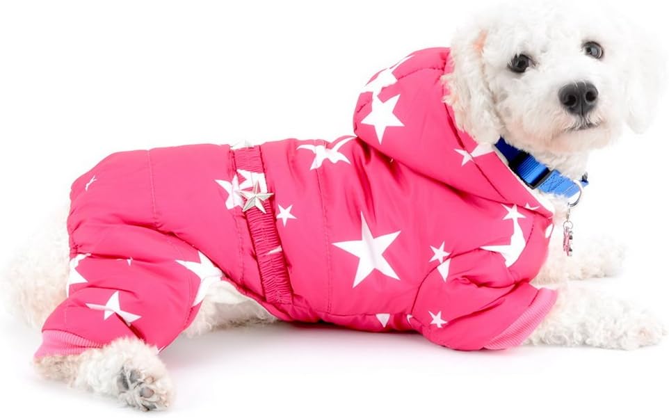 SELMAI Snowsuit for Small Dogs Fleece Lined Star Belt Hooded Jumpsuit