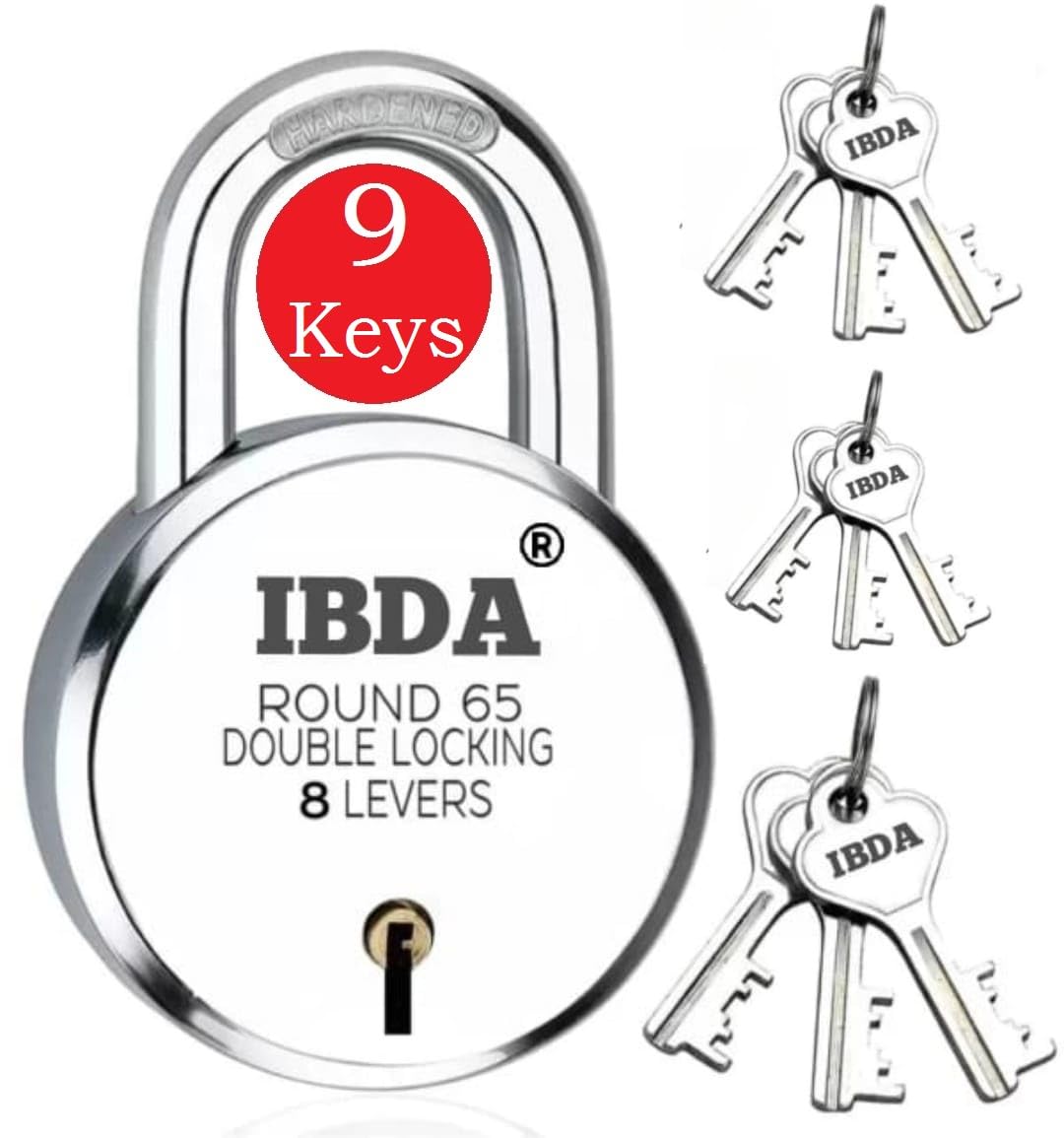 IBDA Lock with 9 Keys | 65mm | Double Locking | 8 Levers High Security Technology | Rivetless Steel Body Padlock | Lock for Home, Shutter, gate, Door, kadi, Channel, Shop, School, Flat, Warehouse (B0D6BPHKWL) Amazon Price History, Amazon Price Tracker