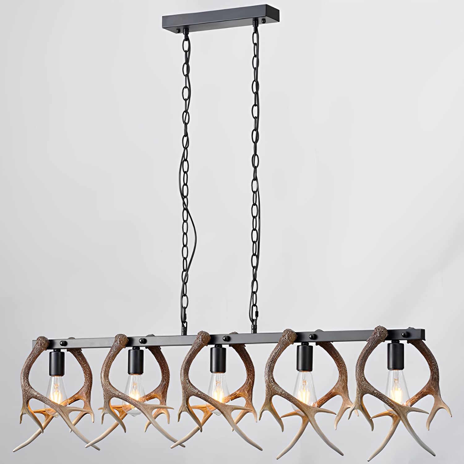FYZDLAOR Linear Antler Chandeliers Farmhouse Retro Pendant Lights Faux Resin Deer Horn Hanging Chandelier for Dining Room Kitchen Island Ceiling Lighting Fixture