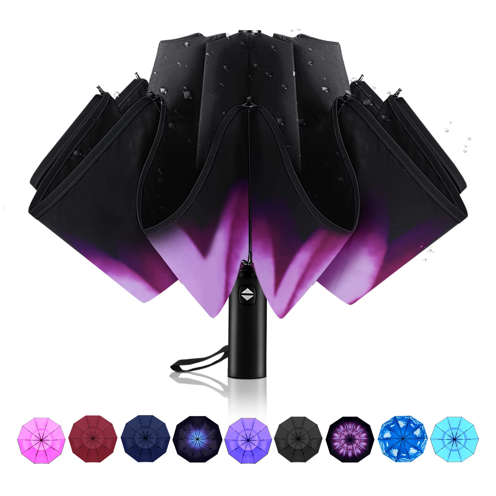 TrenovoWindproof Trave Inverted Umbrella With Reflective Stripe, Reverse Compact Umbrellas for Rain, Portable Large Folding Sun UV Automatic Upside Down Umbrella for Car Backpack