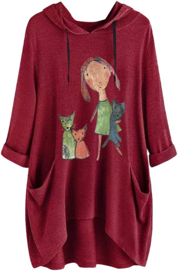 Plus Size Tops Womens Hooded Blouse Girls Casual Cartoon Print Short Sleeve Pockets T Shirt Tunic