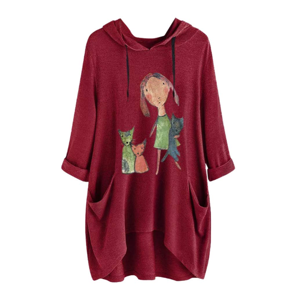 Plus Size Tops Womens Hooded Blouse Girls Casual Cartoon Print Short Sleeve Pockets T Shirt Tunic