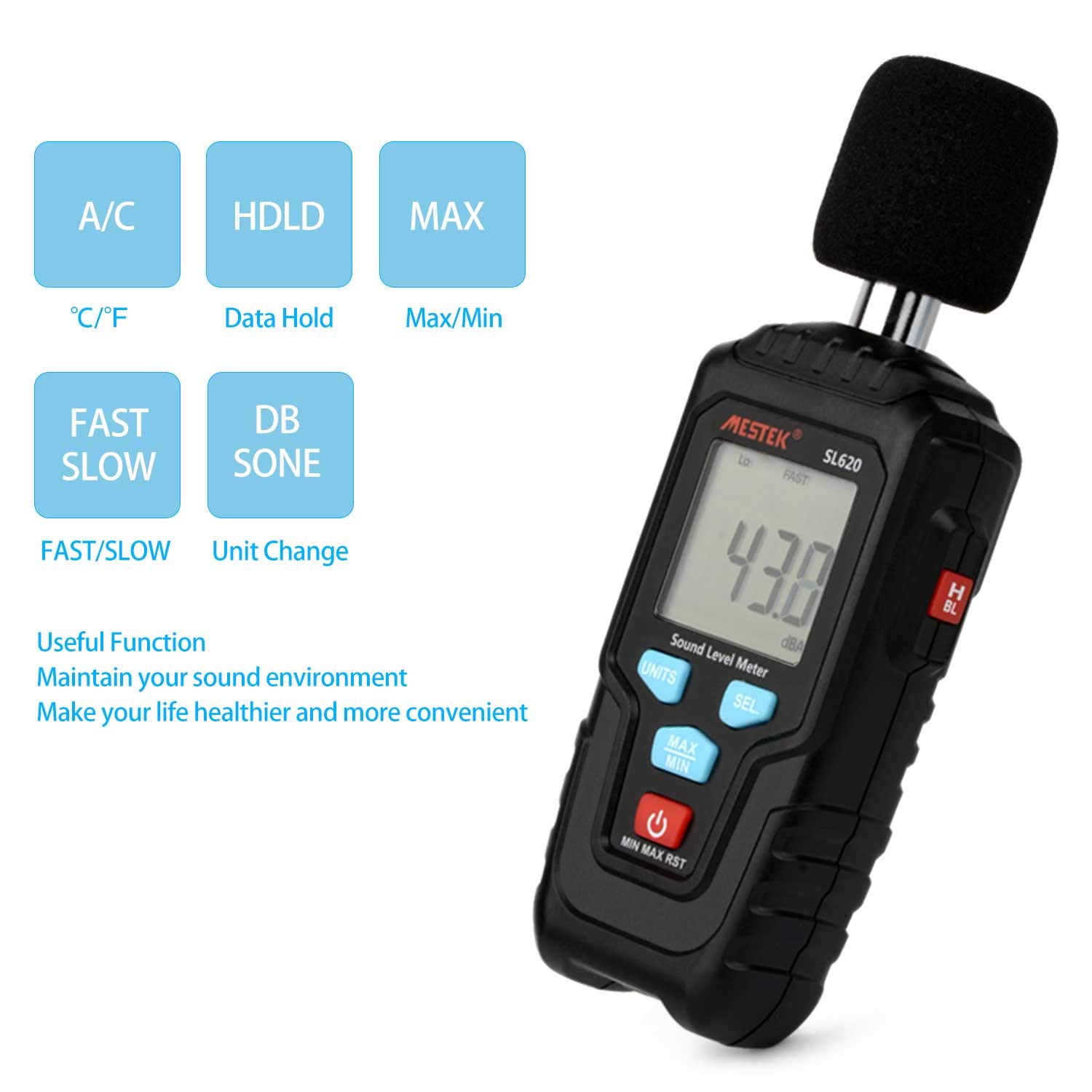 One-Day Sale: Up to 50% Off Decibel Meter Digital Sound Level Meter MESTKE 30 – 130 dB Noise Volume Measuring Instrument Reader Self-Calibrated Max Min Data Hold Fast/Slow Mode LCD Backlight Display/Flashlight Gift