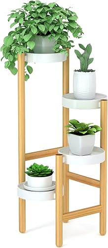 Miniatura 7 de Soporte exhibidor para interiores de bambú para plantas, de 4 niveles de altura, esquinero para salas de estar o dormitorios (de 4 niveles)