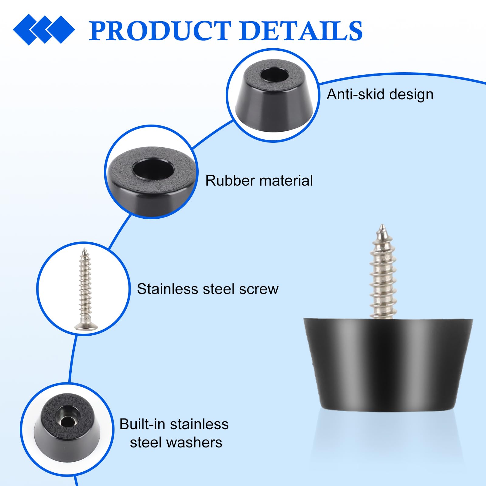 ZDNT 30Pcs Round Black Rubber Feet with Stainless Steel Screws,Rubber Cutting Board Feet,Non Slip Furniture Feet Pads for Furniture Tables Chairs Chopping Boards (30 * 22 * 15mm) - Image 3