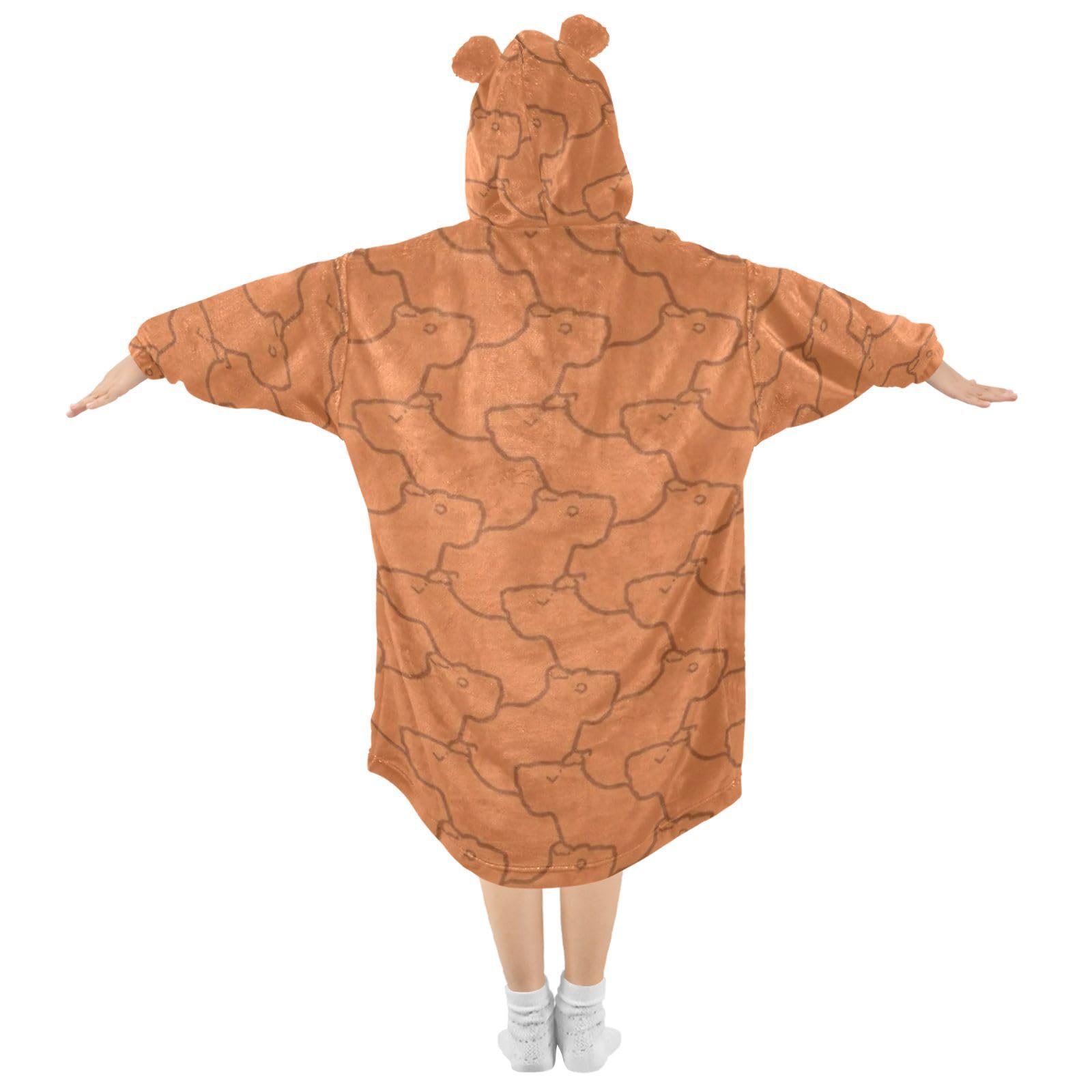 CEBUGI Capybara Pattern Wearable Blanket for Kids Blanket Hoodie with Kangaroo Pocket for Boys Girls age 3-14,S