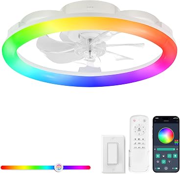 LEDIARY RGB Low Profile Ceiling Fans with Lights and Remote, 20 Inch Dimmable Modern Ceiling Fan3000K-6000K, 6 Speed, Reversible, APP & Remote Control, Flush Mount Fan Light, White RGB Ceiling Fans