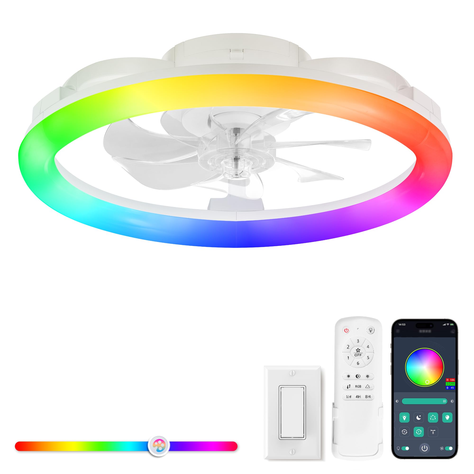 Photo 1 of LEDIARY RGB Low Profile Ceiling Fans with Lights and Remote, 20 Inch Dimmable Modern Ceiling Fan(3000K-6000K), 6 Speed, Reversible, APP & Remote Control, Flush Mount Fan Light, White RGB Ceiling Fans