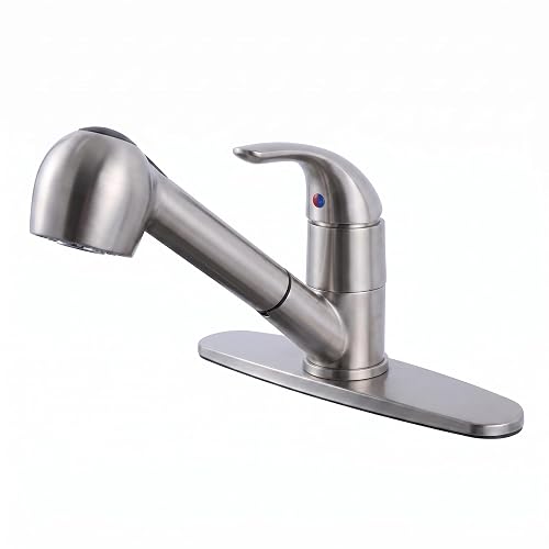 Kitchen Faucet with Pull Out Sprayer KINGO HOME,Lead-Free Stainless Steel | Brushed Nickel Single Handle,Low Profile 180° Swivel Spout,NSF Certified,Deck Plate for 1 or 3 Hole,RV Laundry Bar Sink
