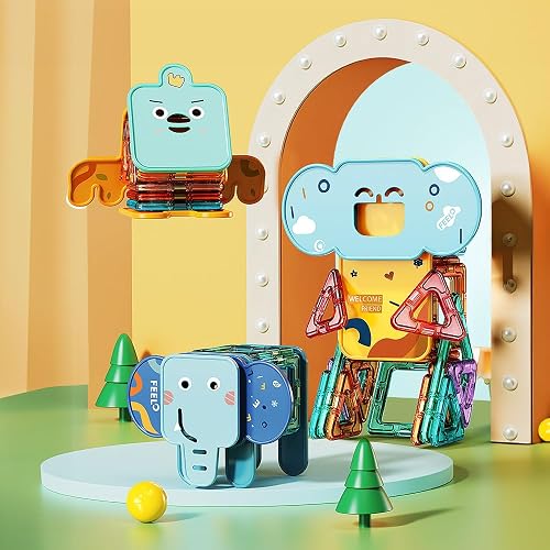 Feelo Magnetic Tiles Animal Building Set - 30 Piece STEM Construction Toy with Click-In Faces & Legs Ages 3+