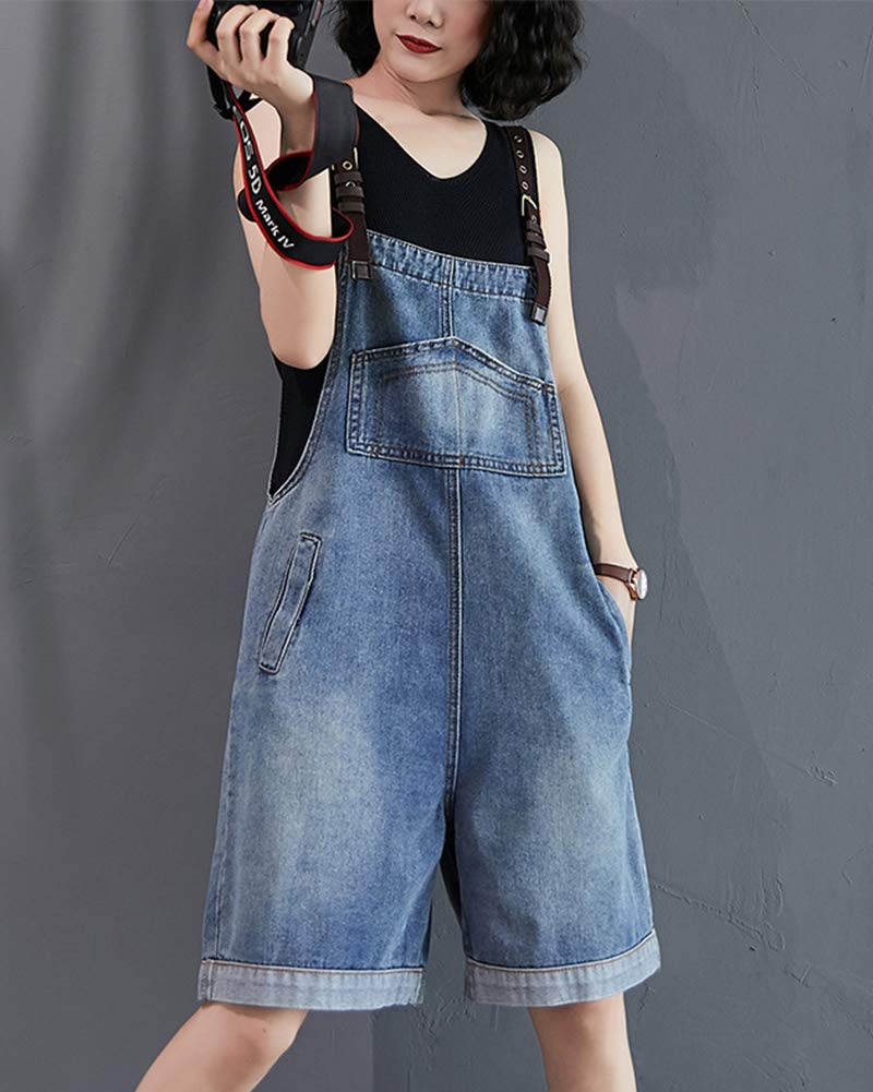 Salopette Donna Jeans Corta Gambe Larghe Pantaloncini Dungarees Denim Overall Jumpsuit con Tasche