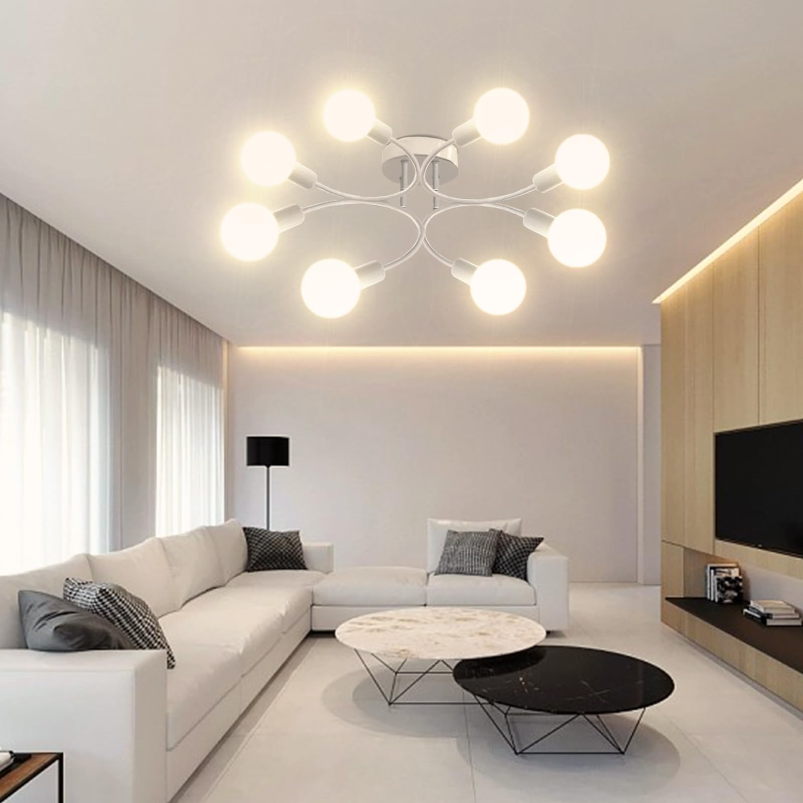 Lampadario Sputnik, 8 Luci Plafoniera Soffitto Vintage E27 Bianco | Lampada da Soffitto in Metallo,Lampadario Soggiorno Industriale per Camera da letto Soggiorno Cucina Escluse Lampadine