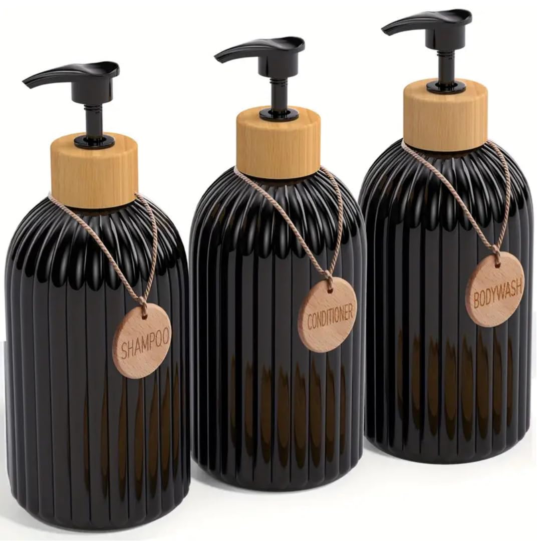 Bathroom Soap Dispenser | Set of 3 Bottles for Gel Shampoo and Conditioner 500ML with 3 Bamboo Pendants | Bathroom Soap Dispenser is Elegant and Will Enhance the Style of Your Home (Black)