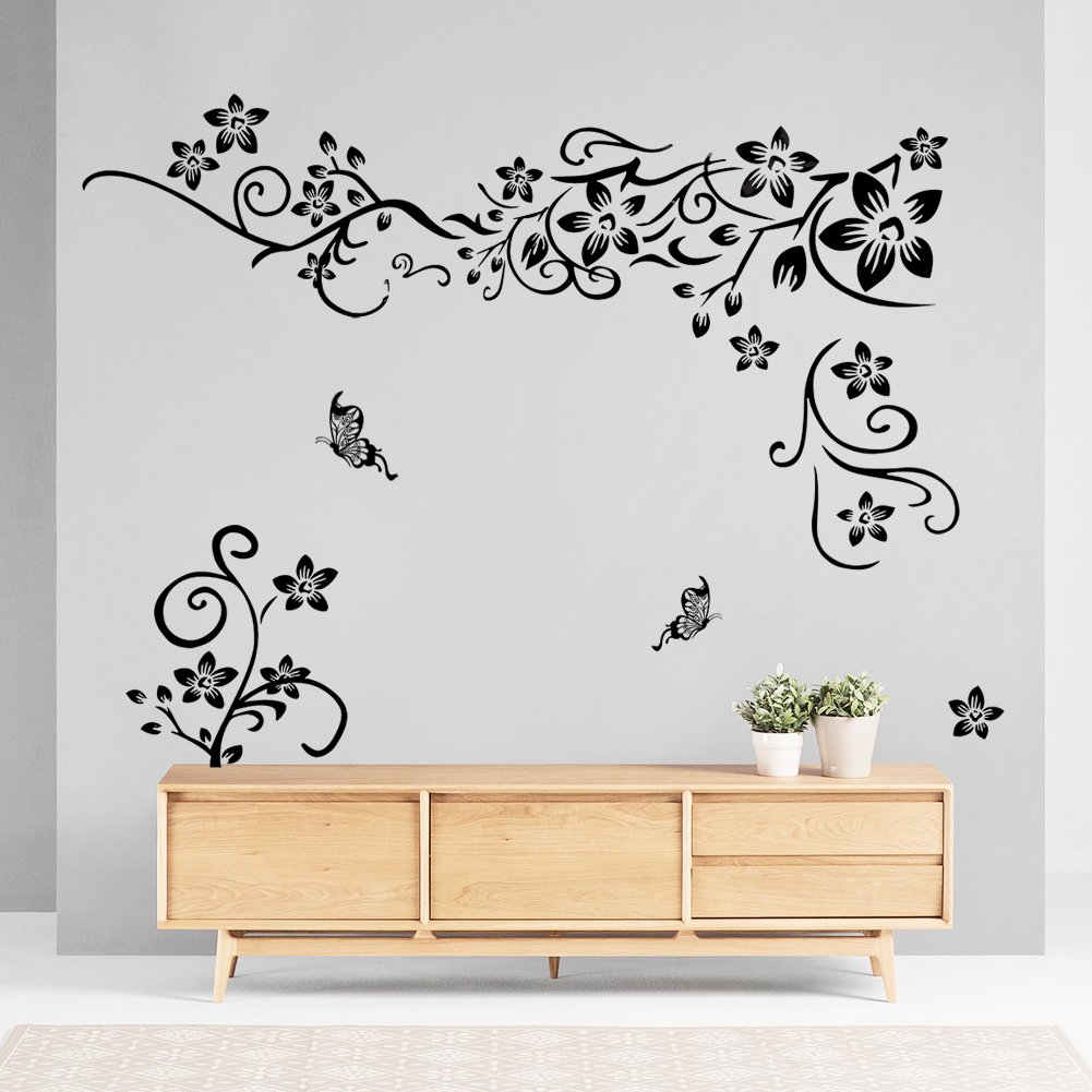 2 Autocollants Muraux Fleurs Et Vrilles Noirs - Décoration Adhésive Pour Salon, Chambre, Porte - 30x105cm