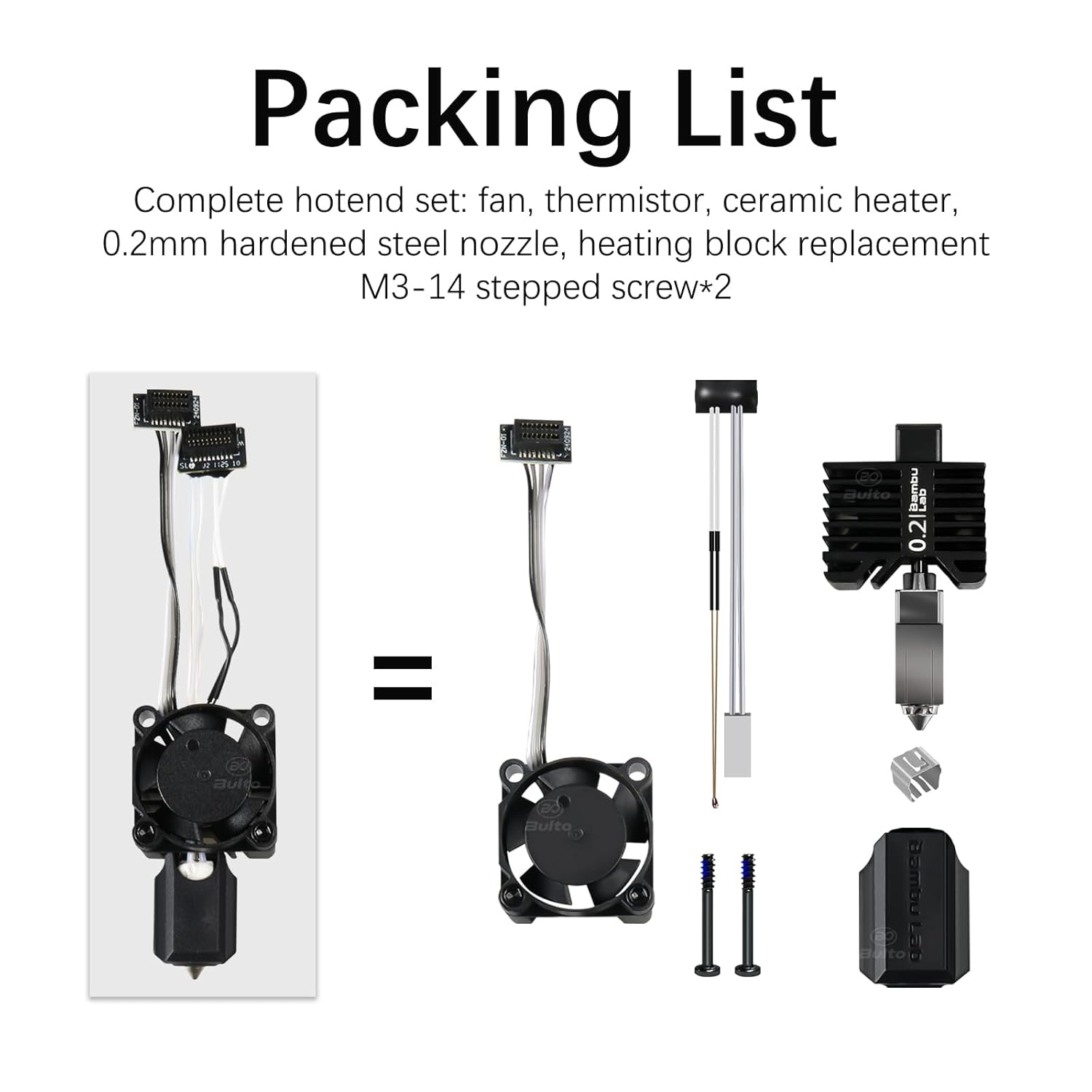Original Bamboo Lab P1 Hotend Assembly Complete with Stainless Steel 0.2mm Nozzle,Ceramic Heater,Thermistor, Cooling Fan,Silicone Sock for P1S P1P 3D Printer Extruder Heating Block Replacement