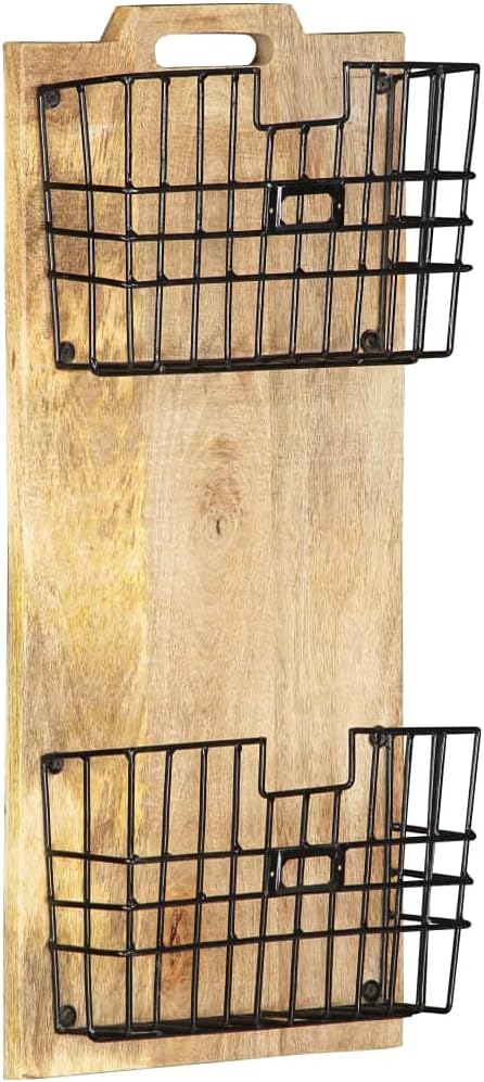 vidaXL Brown Wall-Mounted Magazine Rack, Solid Rough Mango Wood and Steel, with 2 Storage Baskets and Polished, Painted, & Varnished Finish