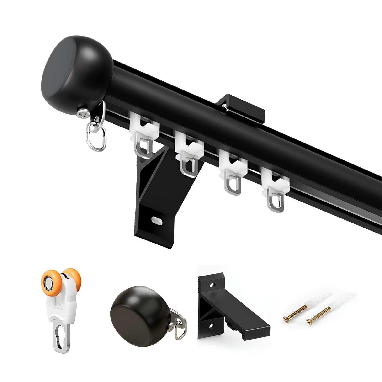 Xuqqu Black Heavy Duty Aluminum Curtain Track System, Wall Mounted Spliced Curtain Rods For Windows, Single Curtain Rail Pole With Silent Gliding Wheels & Decorative End Caps(,280Cm/2 * 140Cm)