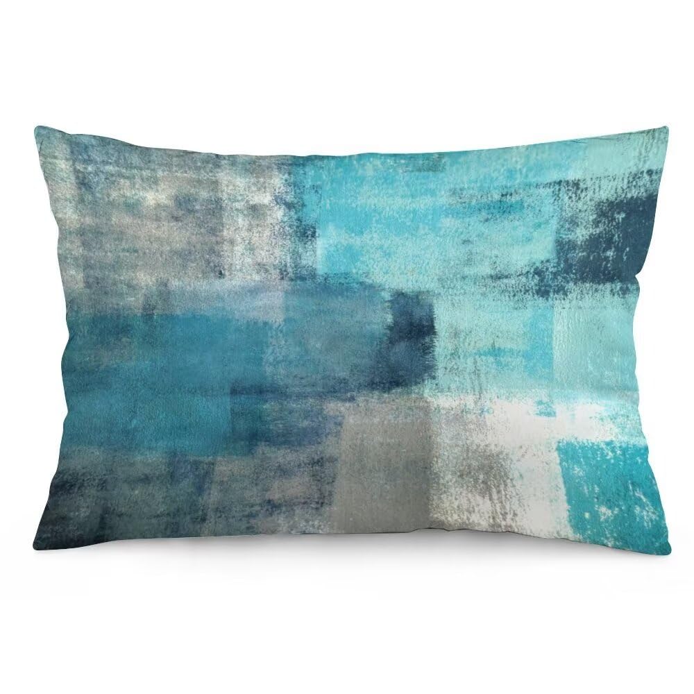 Turquoise and Grey Abstract Art Painting Throw Pillow Cover Queen Size Teal Gray Lumbar Pillow Case Modern Soft Standard Pillow Cases with Zipper