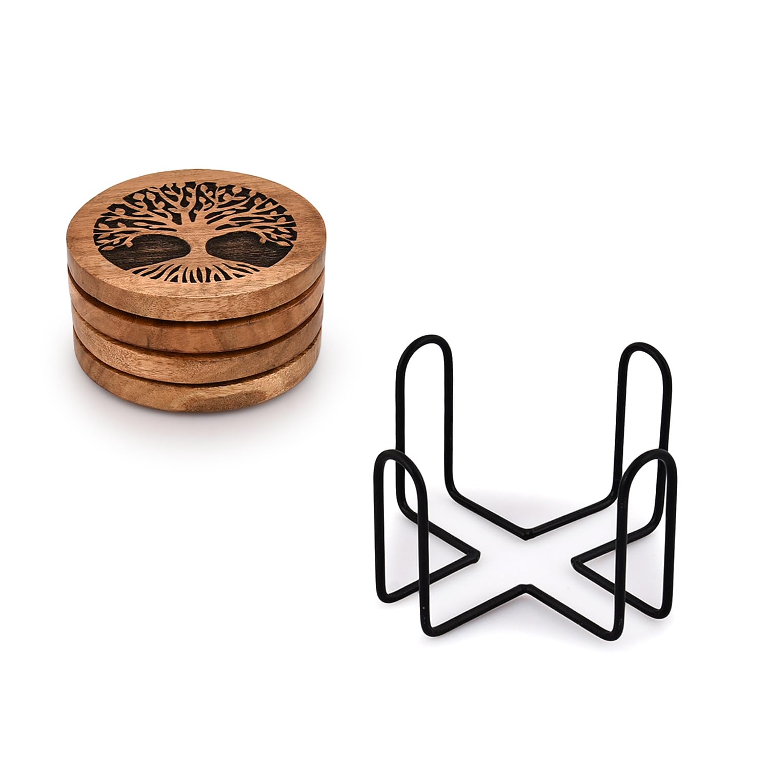 Set 4 sottobicchieri in legno naturale con erbe incise | Gocce di