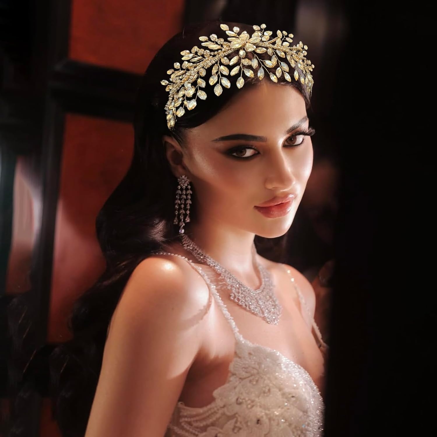 Bridal Hair Accessories, Elegant Wedding Headpiece for Bride, Rhinestone Headband for Women and Girls(Champagne) - Image 2