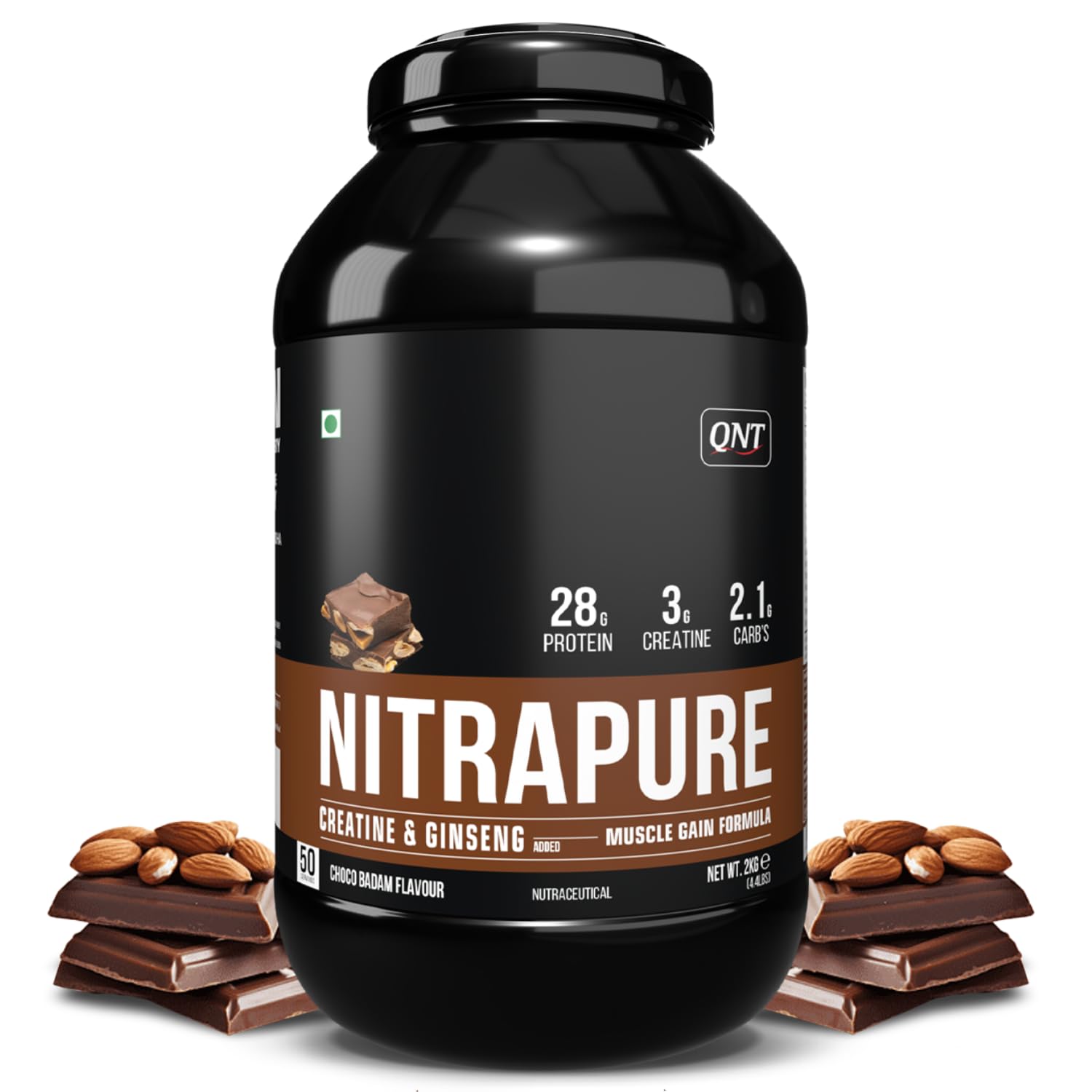 QNT Nitrapure, Blend of Whey Isolate & Concentrate | 2kg, Choco Badam | Enriched with Ashwagandha, Ginseng & Tribulus | Best Whey Protein for Muscle Gain | 28g Protein, 3g Creatine (per scoop)-image-14