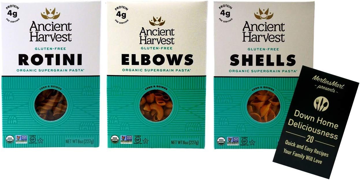 Ancient Harvest Organic Gluten-Free Corn Brown Rice Quinoa Pasta | 3 Shape Variety (1) each: Elbows, Shells, Rotini (8 Ounces) Plus Recipe Booklet Bundle