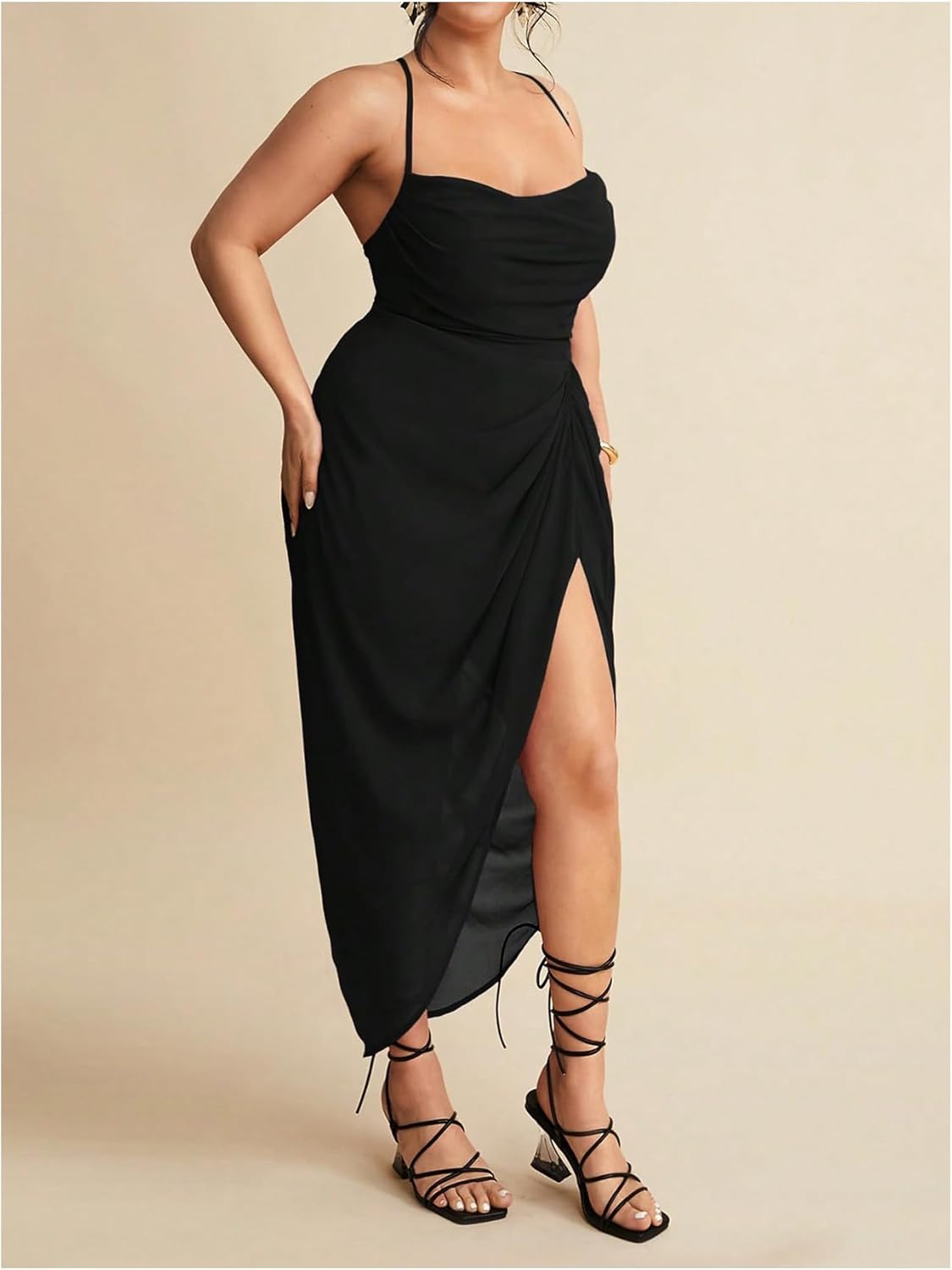 Floerns Women's Plus Size Cowl Neck Long Dress Sleeveless Ruched High Split Cocktail Dresses