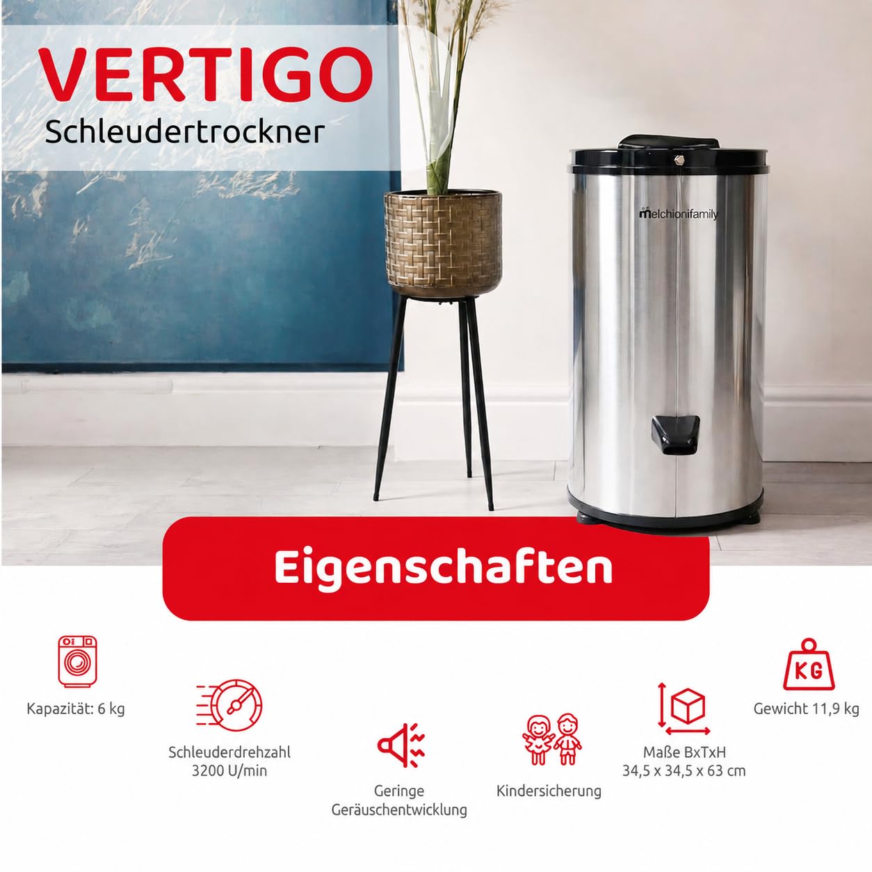Melchioni Family Vertigo Wäscheschleuder 3200 U/min, Wäschetrockner mit Außenmaterial aus Edelstahl, Tragbarer Wäschetrockner Fassungsvermögen 6 kg