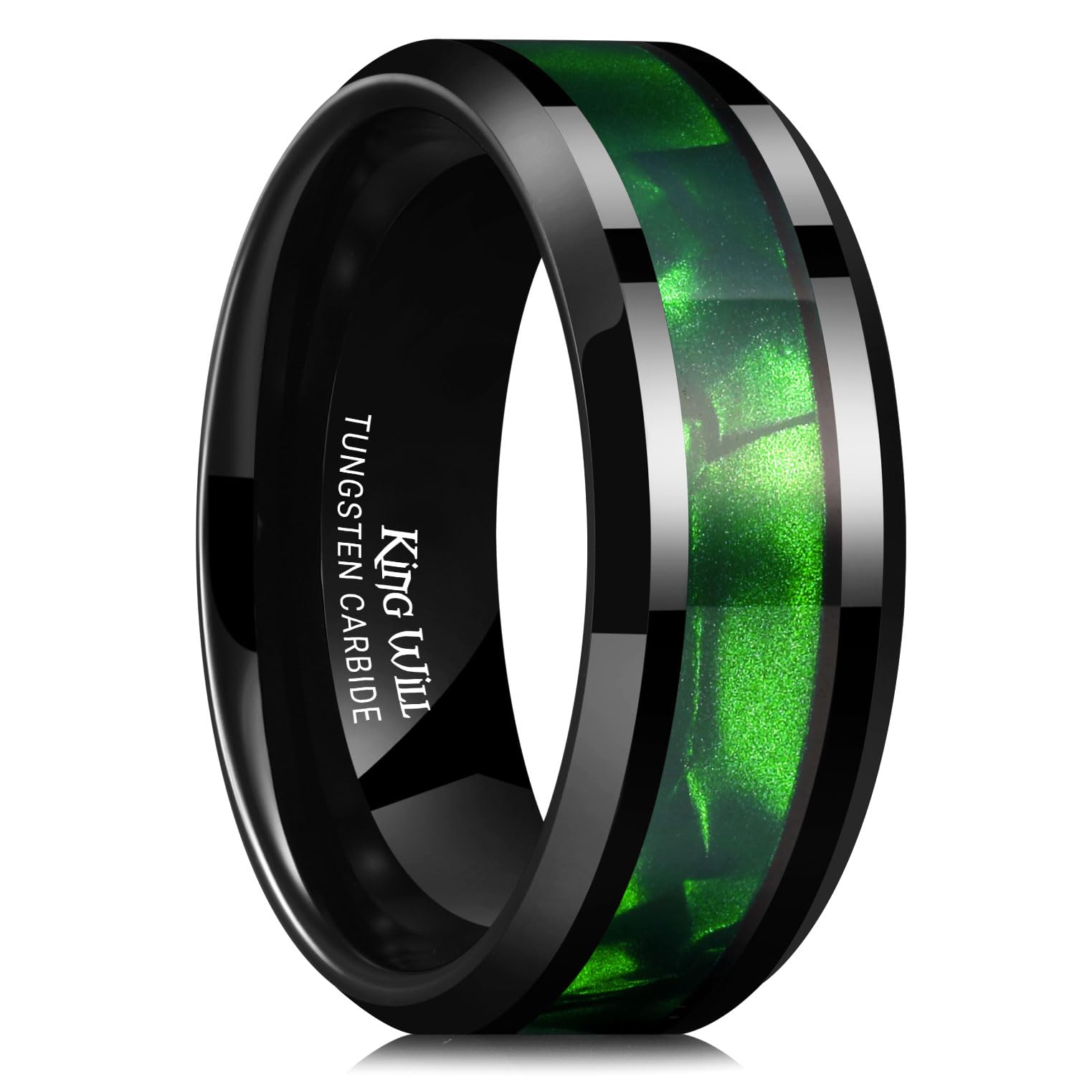 King Will Tungsten Carbide Wedding Band for Men - 8mm Black High Polished Inlay Green/Black Olive Shell Texture Patterns for Everyday Wear Comfort Fit