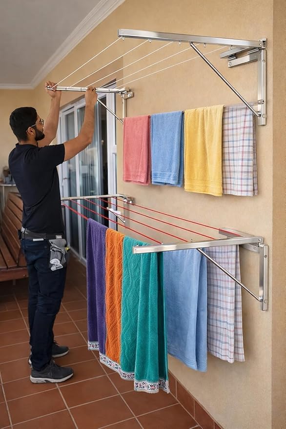 Wall Mounted Foldable Clothes Drying Stand for Home & Balcony | Heavy Duty Stainless Steel Cloth Dryer Hanger with 50 Feet Rope & Fasteners Set (Stainless Steel - Black L Shape)-image-49