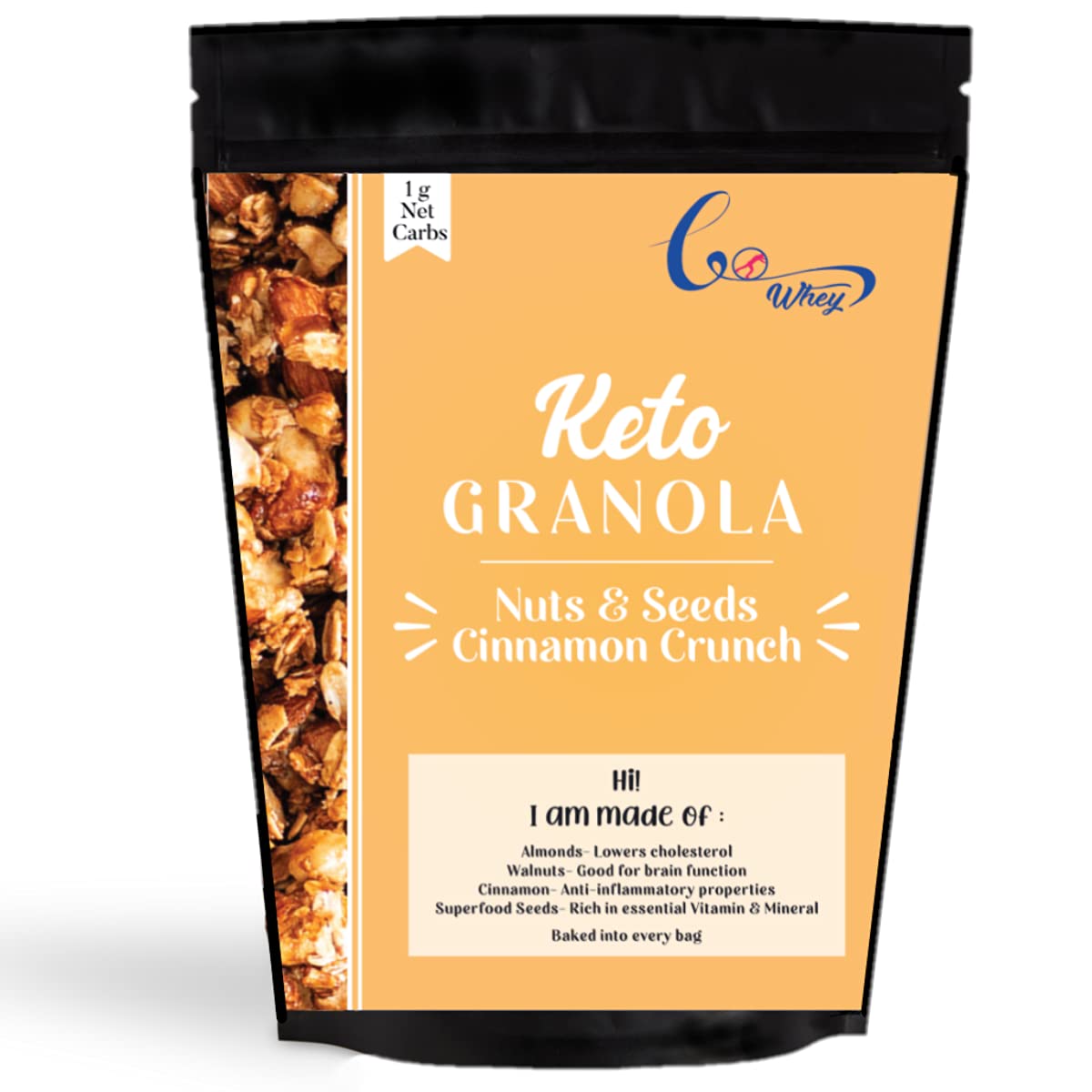 GoWhey - Breakfast Muesli - Keto Granola - Nuts & Seeds - Cinnamon Crunch- Healthy Snacks with Almond, Walnut & superfood seeds|Diet Snacks 250g