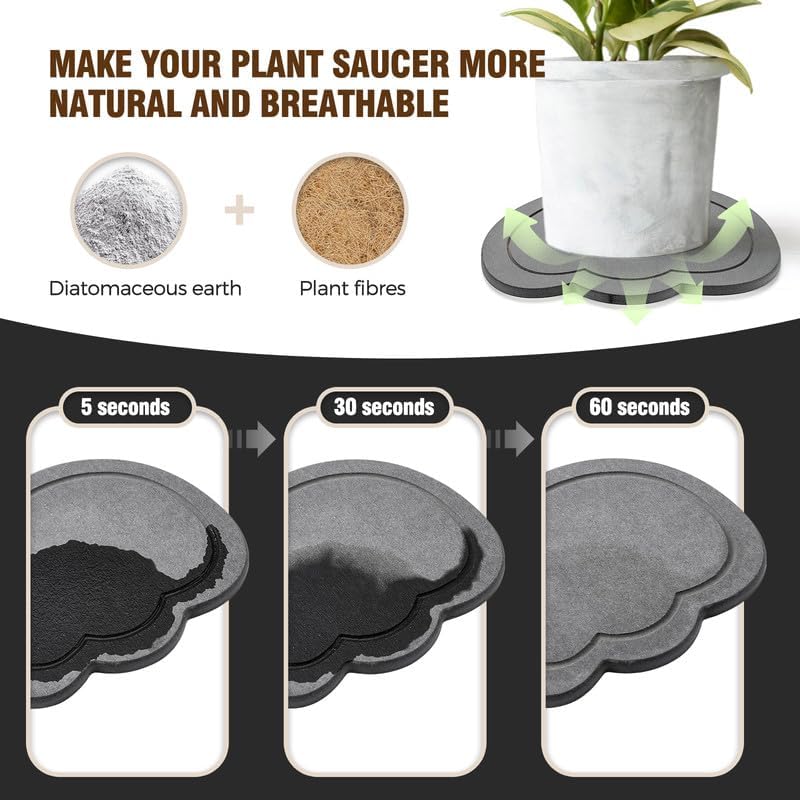 HOME EDIT Plant Saucer - Quick Dry Diatomaceous Earth Plant Saucers for Indoors Plant Water Catcher Tray, 2 Pack Water Absorbing Stone Plant Trays for Pots - Flower 7&12 Inch Plant Saucer, Dark Grey
