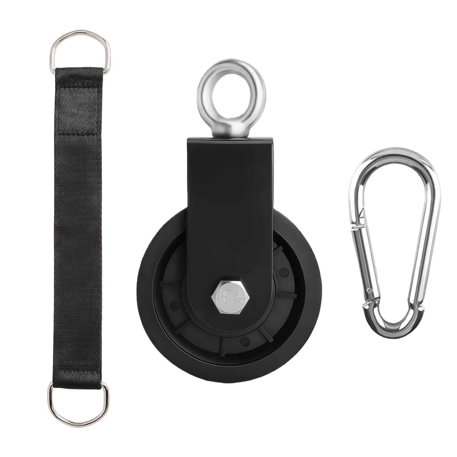 Umlenkrolle Seilrolle mit Hängegurt Karabiner Fitness Flaschenzug DIY Latzug Seil 90mm Seilrolle Fitness Latzugstange Seilzug Schaukelzubehör Trainer Zubehör für Home Gym Fitnessgeräte