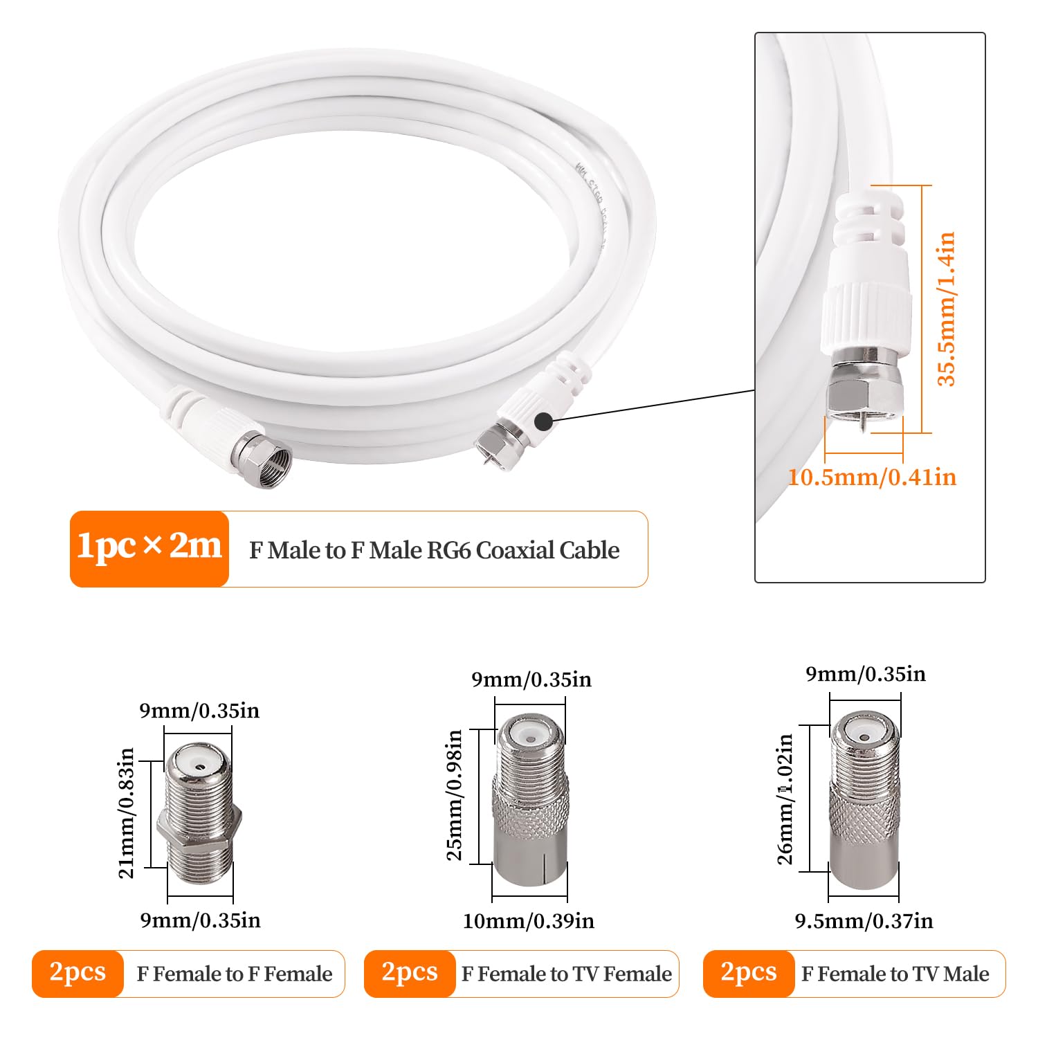 2m 75 Ohm RG6 Kabel Koncentryczny, F Męski do F Męski Szybki Kabel Antenowy RG6 TV, z 6 Sztuk Łączników Przedłużających, do Dekodera, TV, Satelity, Routera Cyfrowego