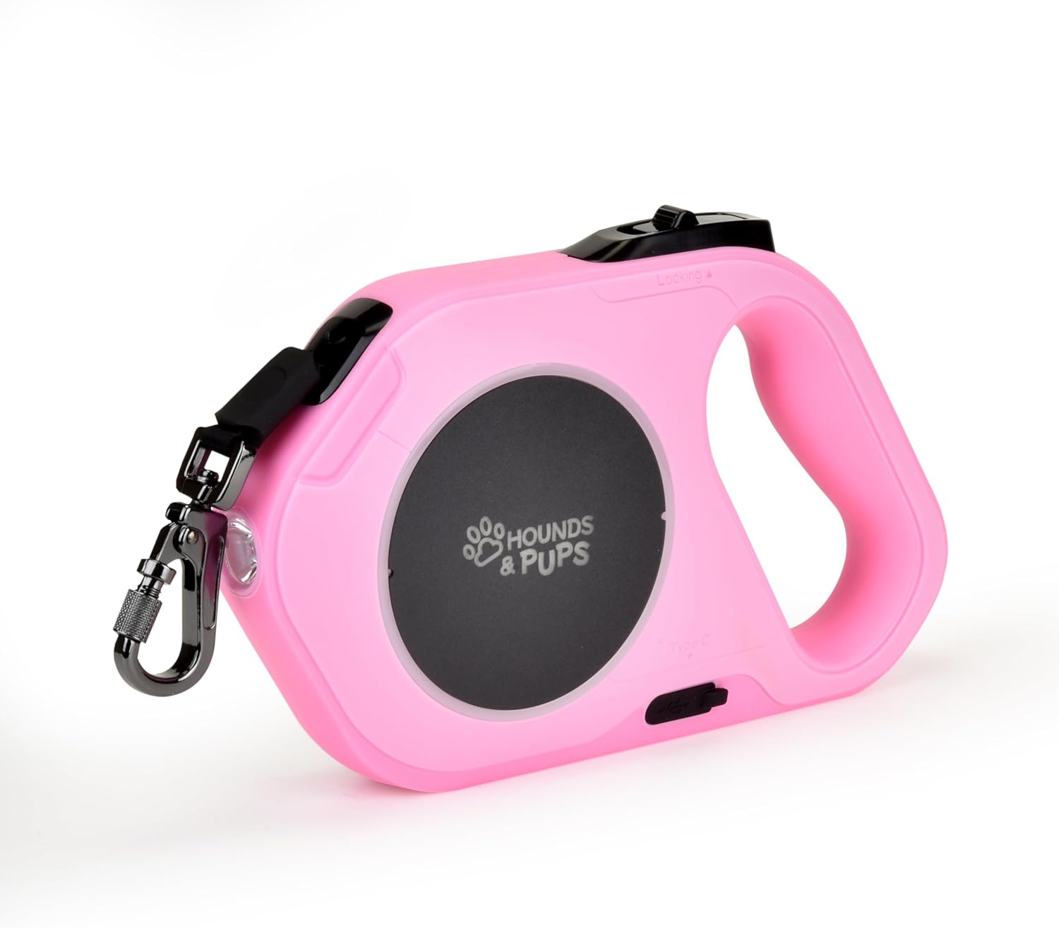 Hounds & Pups Retractable Dog Leash, 15 ft Length, LED Light for Night Walks (Pink)