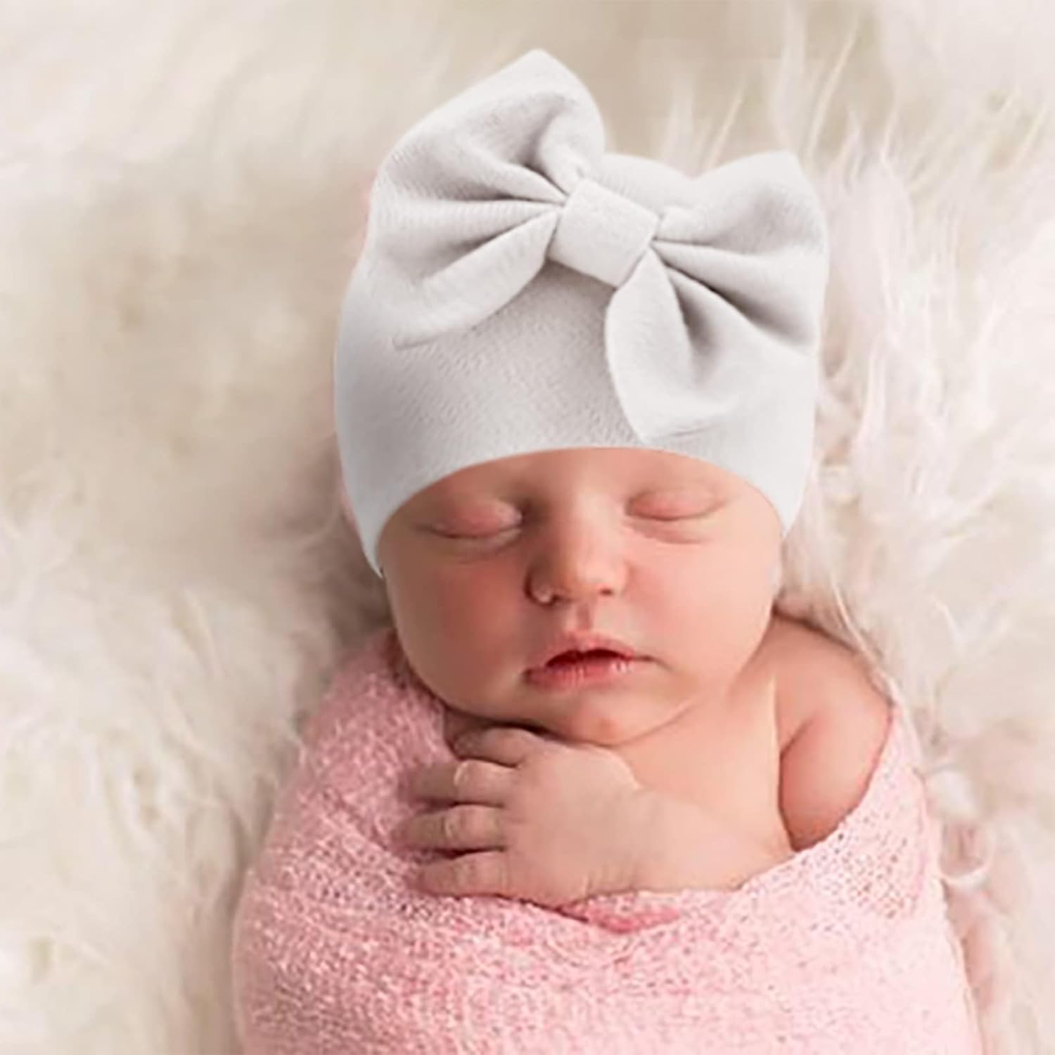 BQUBO Newborn Baby Girls Hats Hospital Hat Baby Cotton Beanie Infant Big Bow Hats for 0-24 Months - Image 3