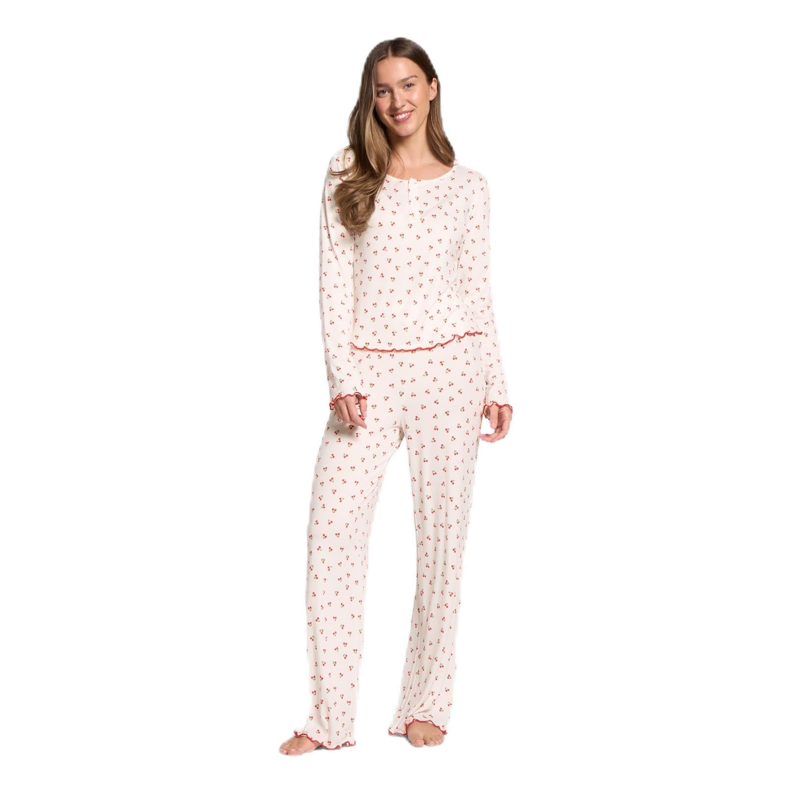 Ohs Women's White Pyjamas Set Cherry Print Lettuce Edge Long Sleeve Round Neck Full Length Bottom Pyjamas Bride Pjs Set Two Piece Button Up Nightwear Sleepwear For - L/Xl