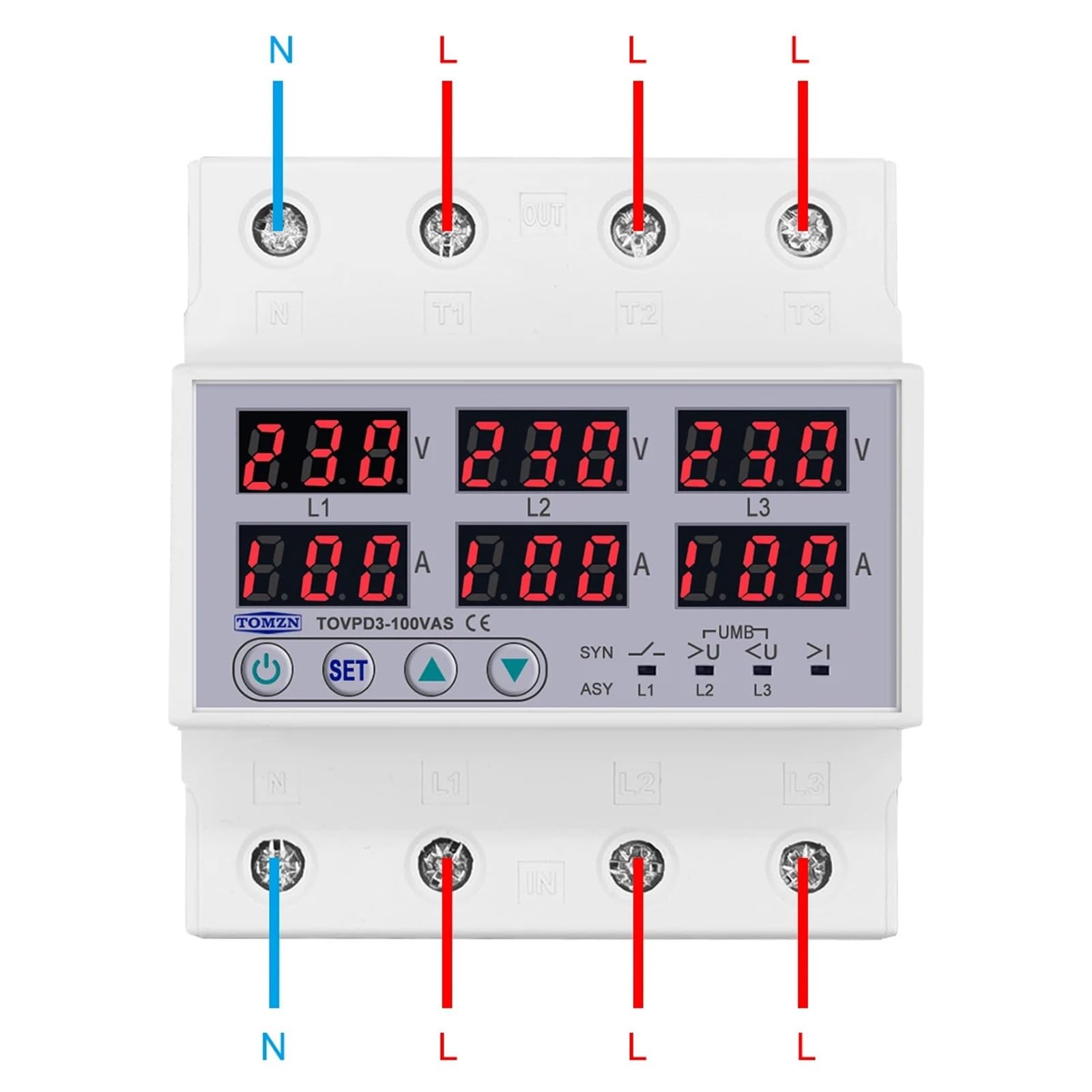 Regulowane zabezpieczenie przeciwprzepięciowe i podnapięciowe na szynie DIN 3P+N asynchroniczny przekaźnik synchroniczny (63A, 3 x 220 V)