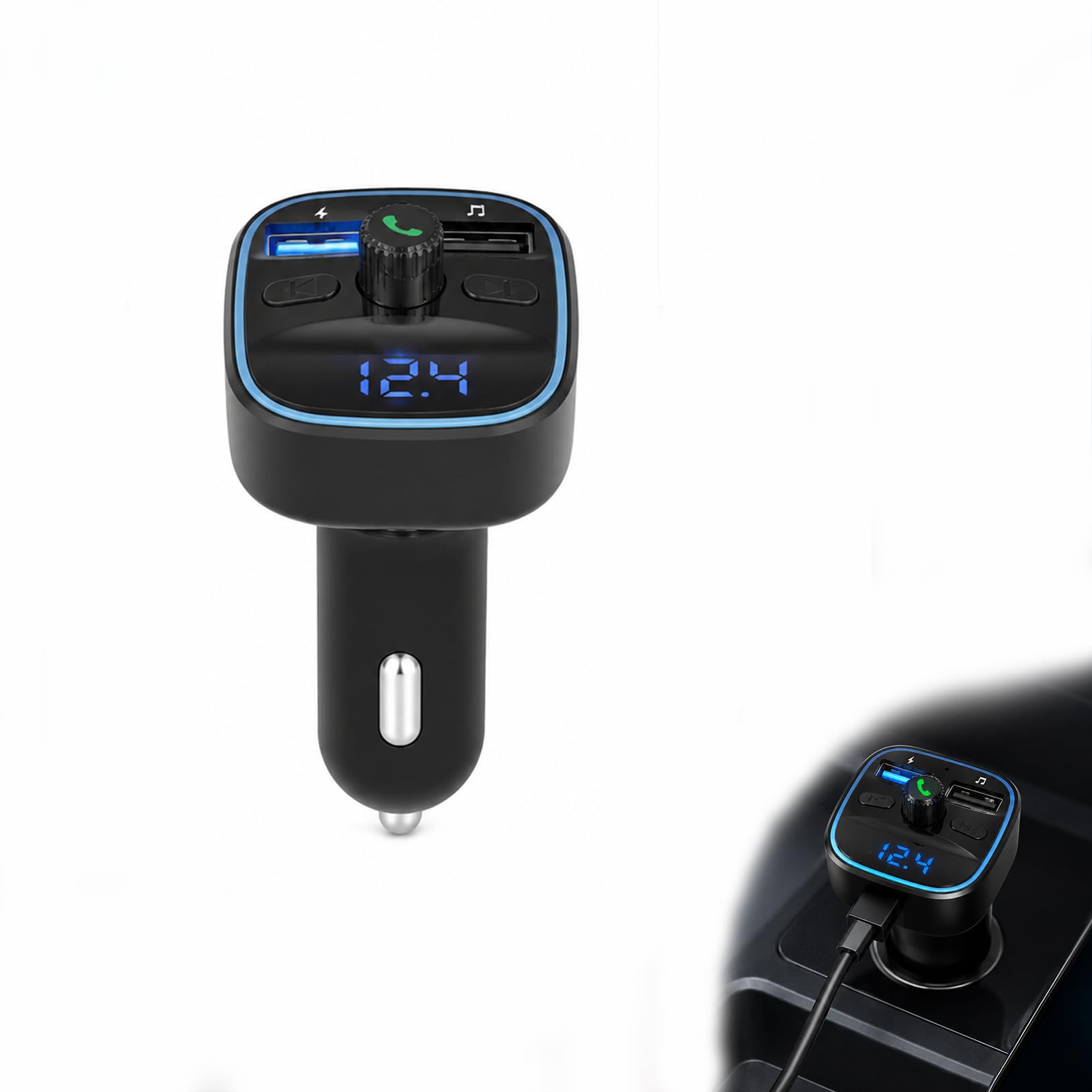 Bluetooth FM-Transmitter, Auto Bluetooth-Adapter mit Doppel-USB-Port 5V 2,4A/1A, Freisprecheinrichtung, USB- & SD-Karten-MP3-Player, Batteriespannungsanzeige, Kabelloses Audio-Autoladegerät