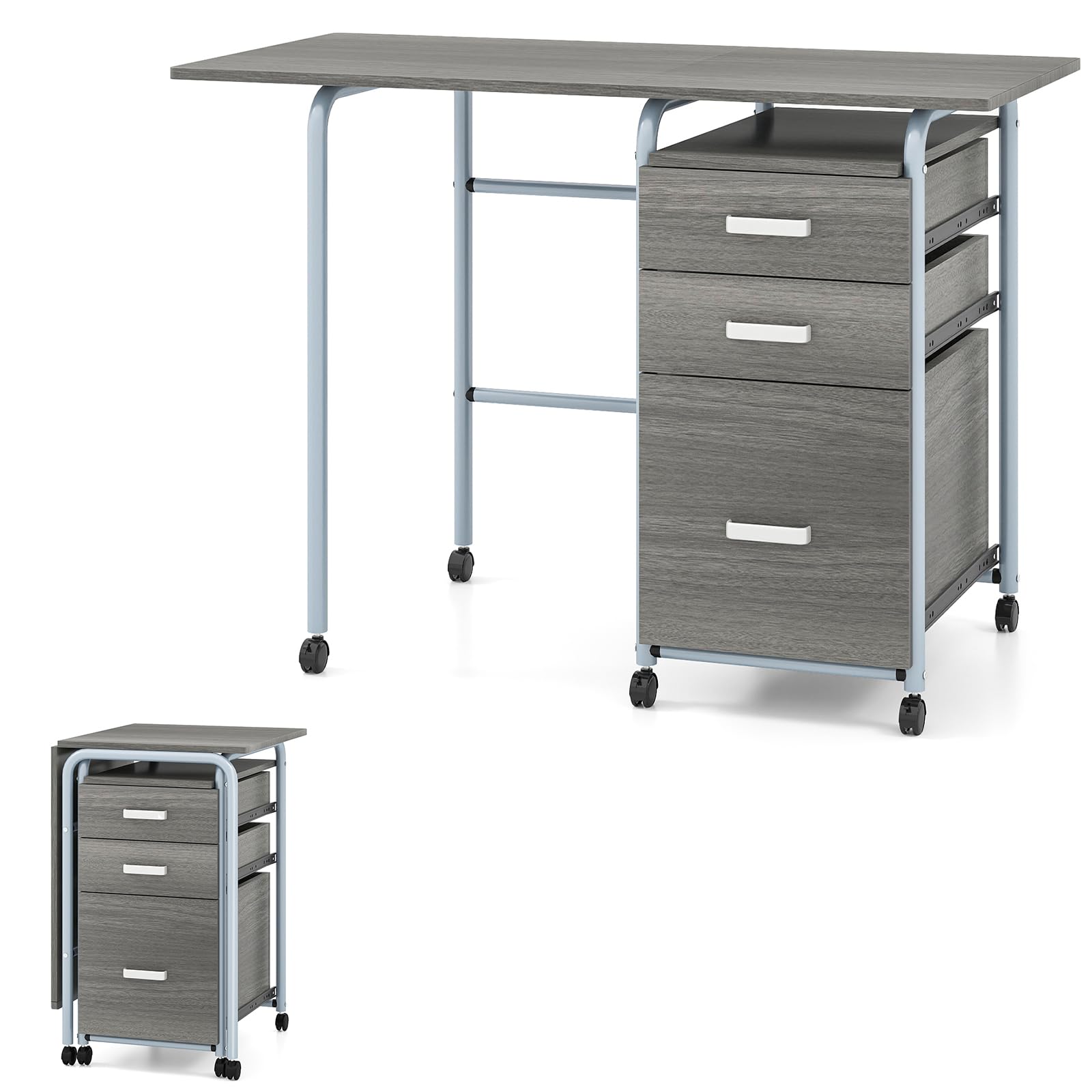 SFAREST Folding Computer Desk, Rolling Laptop Table with Wheels and Drawers, Portable PC Writing Workstation for Home, Office and Study (Grey, 105 x 50 x 75cm)