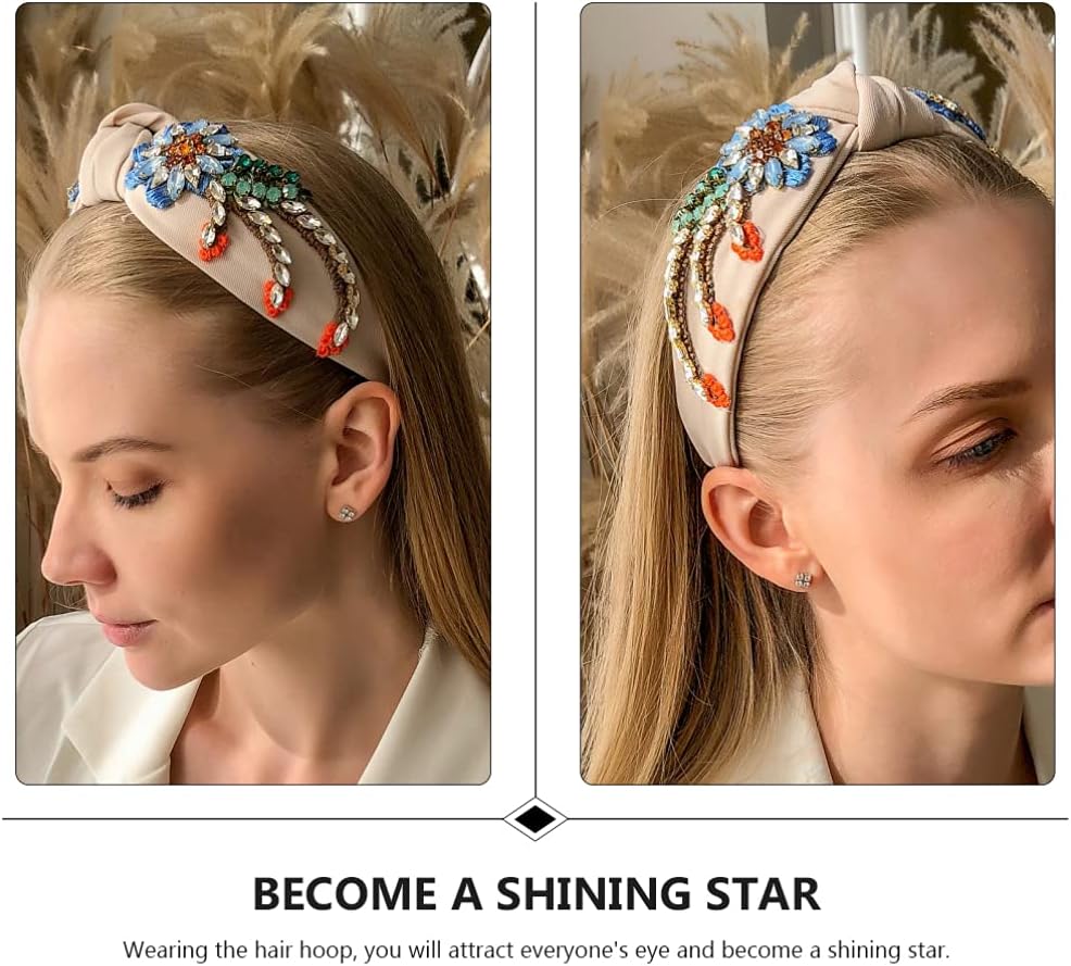 Lurrose Retro Wide Hair Hoop Boho Rhinestone Headband Beige Cloth Crystal Headband Wide Diamond Headdress Hair Accessories for Women Girls Decorative - Image 4