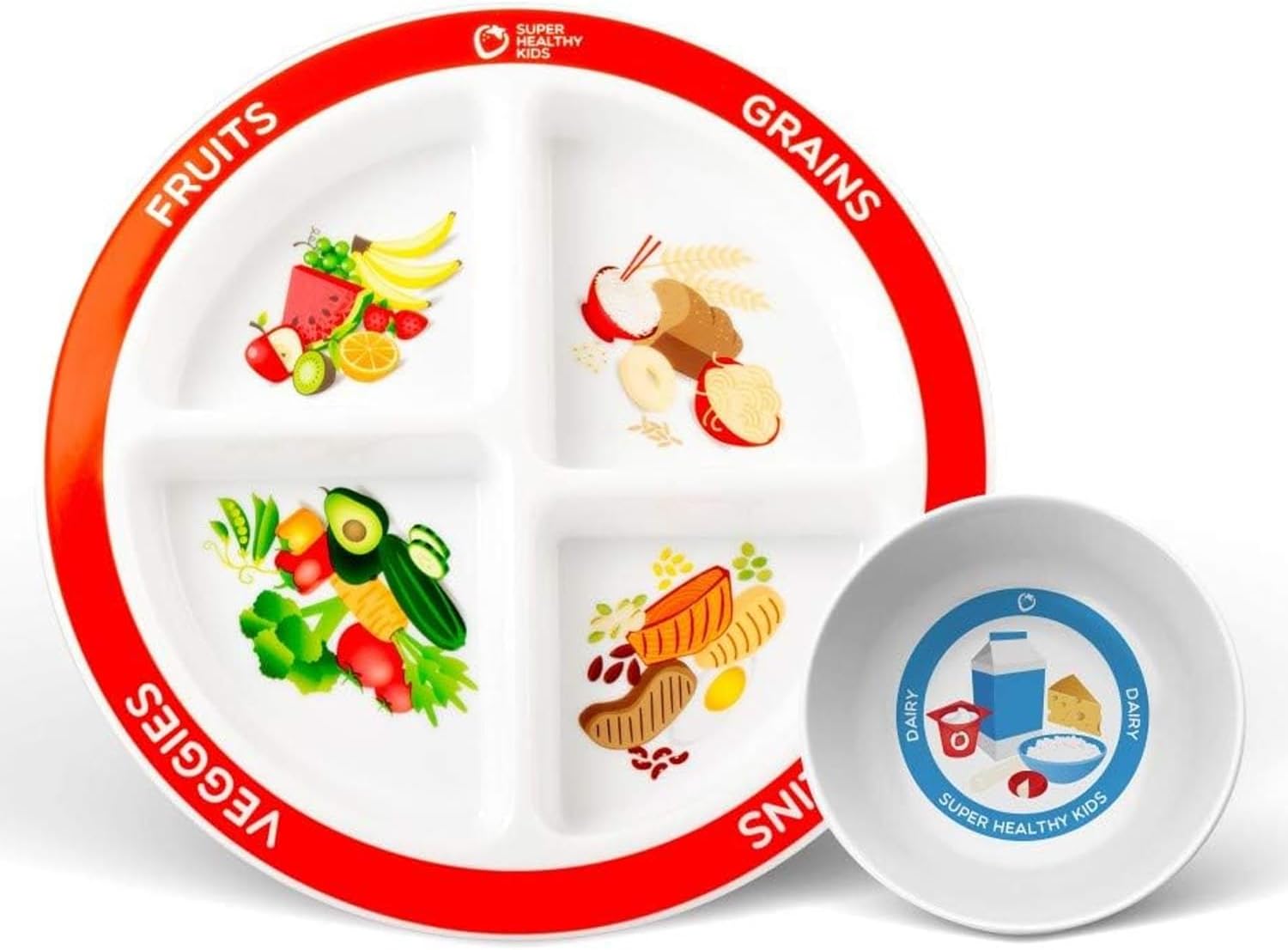 Health Beet MyPlate Portion Control Plate with Dairy Bowl - 4 Divided Sections for Fruit Grains Veggies Proteins – Dishwasher & Microwave Safe Sectioned Plates for Health Education - (Set of 1 each)