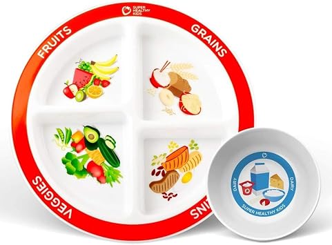 Health Beet MyPlate Portion Control Plate with Dairy Bowl - 4 Divided Sections for Fruit Grains Veggies Proteins Dishwasher & Microwave Safe Sectioned Plates for Health Education - Set of 1 each