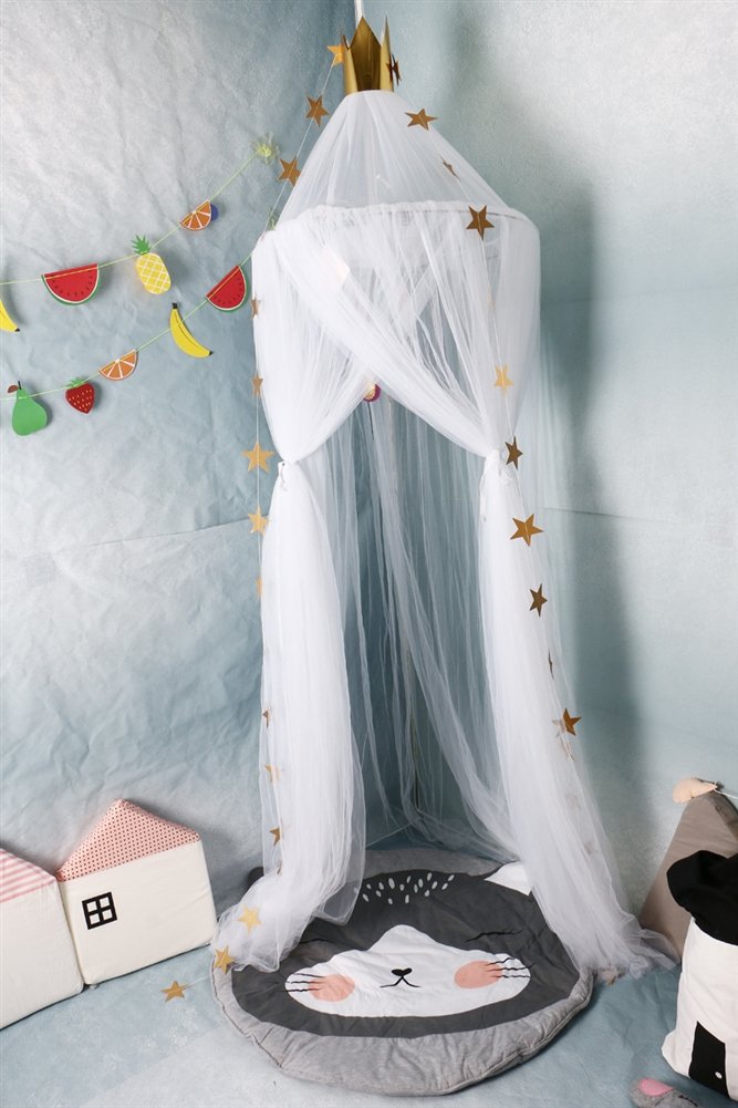 zanzariera Lettino Neonato con Supporto Maglia zanzariera Lettino Bimbi con Apertura Pieghevole Neonato per Lettino Bambini mit Ornamenti Stella Bianco 240x60cm (HöhexDurchmesser)