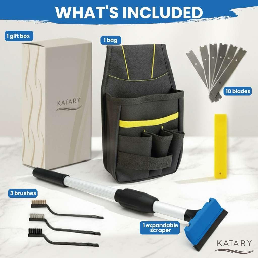 KATARY Razor Blade Floor Scraper, Wall Tile Scraper Tool with Razor Blade with Tool Bag and 3-Piece Cleaning Brush Set - Grout, Concrete and Glue Remover Kit