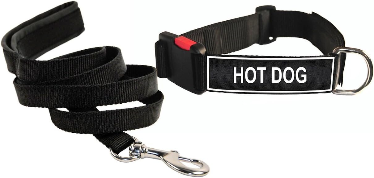 Dean & Tyler "Hot Dog" Medium Black Patch Collar with Matching Padded Puppy Leash
