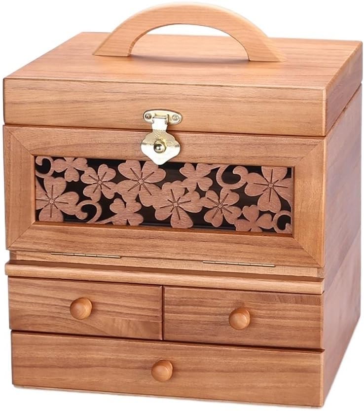 Search Wood Crafts Large Capacity Retro Multi-layer Carved Cosmetics Storage Box